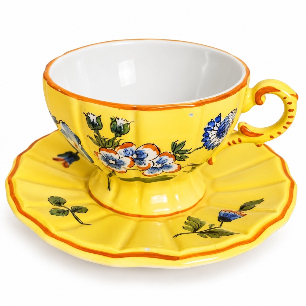 Este Ceramiche Tea Cup Saucer Set Italy Yellow Floral Excellent Majolica Decor